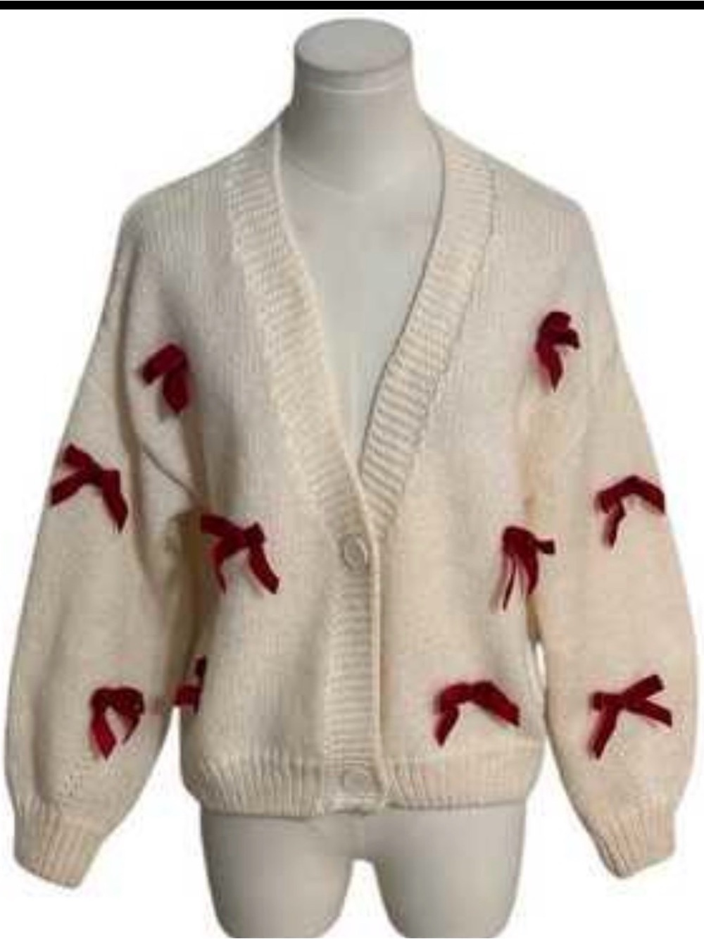 Luna Ivy Bow Cardigan Sweater Ivory Red Velvet Bows Chunky Knit Women’s L